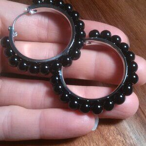 Black Obsidian Silvertone Hoop Earrings